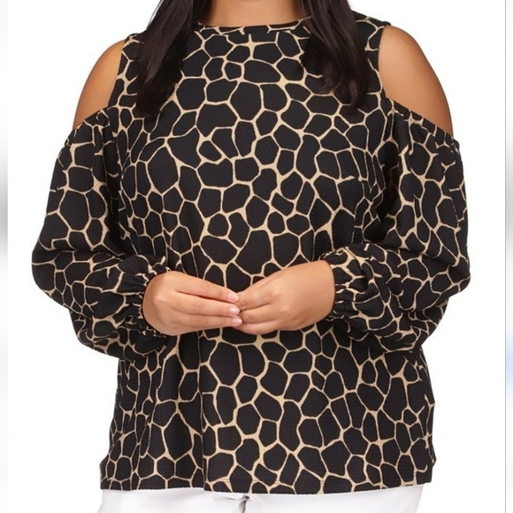 MICHAEL MICHAEL KORS Plus Size Giraffe-Print Cold-Shoulder Crinkle Top - Picture 1 of 6